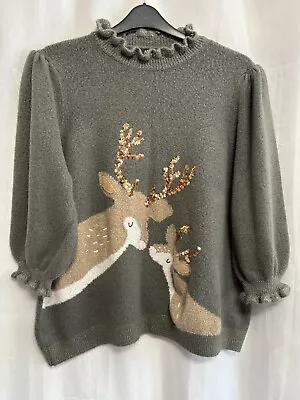 Buy -216 Next Sz XXL 22/24 Khaki Green Knit Cute Festive Reindeer Xmas Jumper • 34.90£