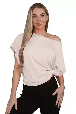 Buy Womens Oversized T-Shirt Off Shoulder Top Tie Knot Plain Short Sleeve Bardot Top • 9.99£