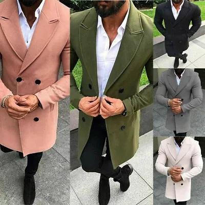 Buy Coat Winter Men Trench Lapel Outwear Warm Overcoat Long Tops Peacoat Jacket • 35.72£