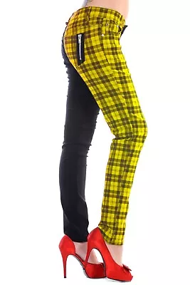 Buy Yellow Tartan Check Black Split Legs Skinny Stretch Rock Trousers BANNED Apparel • 35.99£