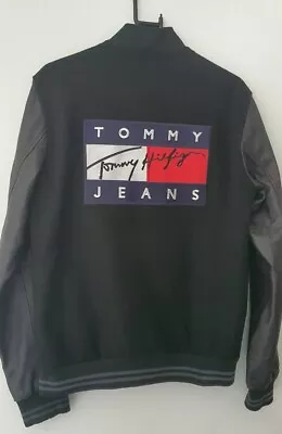 Buy TOMMY JEANS £189 Varsity Wool Bomber Goat Leather Sleeves Black Jacket Hilfiger  • 200£