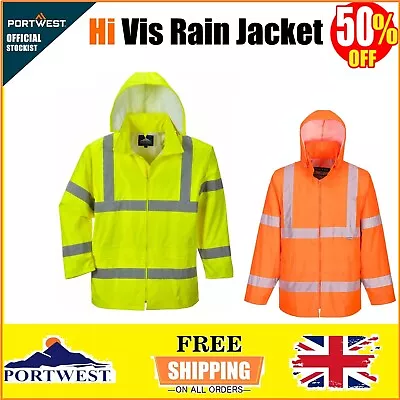 Buy Portwest Jacket Hi Vis Rain Jacket Waterproof Hooded Safety Coat Lightweight UK • 24.99£