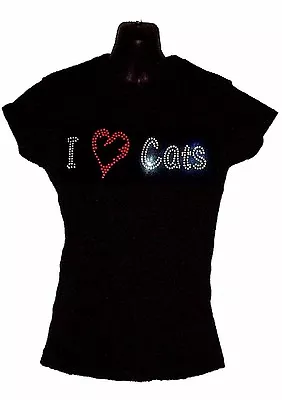 Buy I Love Cats Ladies Fitted Crystal Design T Shirt    Rhinestone Style ALL SIZES • 9.99£