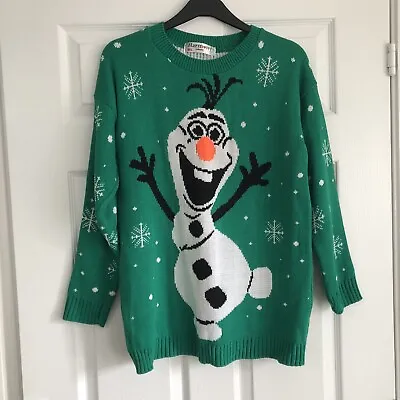 Buy Christmas Festive Frozen Snowman Green Jumper Sweater Size M/L • 14.99£