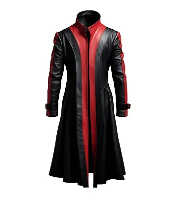 Buy Genuine Cow Leather Red And Black Long Coat - Handmade Mens Trench Coat Jacket • 139.99£