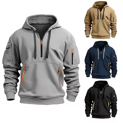 Buy Men Retro Sweatshirt Half Zip Up Work Jumper Hoodie Hooded Jacket Coat Oversized • 14.01£