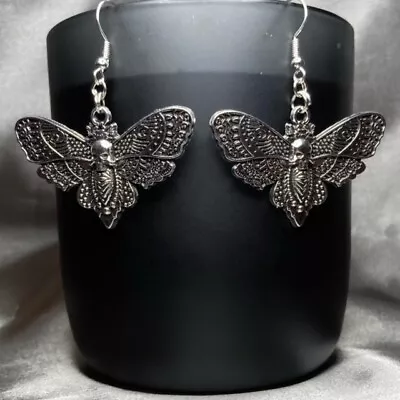Buy Handmade Silver Death Head Skull Moth Earrings Gothic Gift Jewellery Women Woman • 4.50£