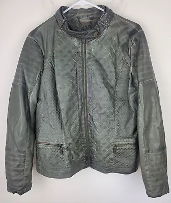Buy Faux Leather Moto Jacket Womens L Green Lined Zip Pockets Biker Rock • 21.14£