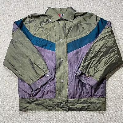 Buy VINTAGE Disco Shell Jacket Womens Small Green Purple Pearl Snap Windbreaker 80s • 17.99£