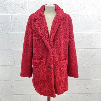 Buy Papaya Red Wooly Coat Uk Size 12 Borg Button Up Heavyweight Jacket • 17.49£