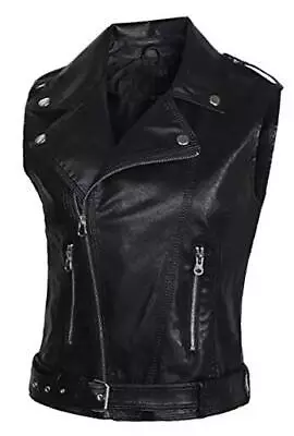 Buy  Womens Motorcycle Biker Faux Leather Sleeveless Vest Jacket Slant Small Black • 62.33£