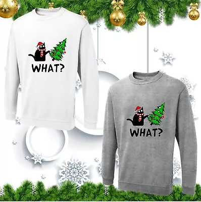 Buy Black Cat With Knife Meme Christmas Jumper Vintage Xmas Tree Funny Crazy Cat Top • 19.99£
