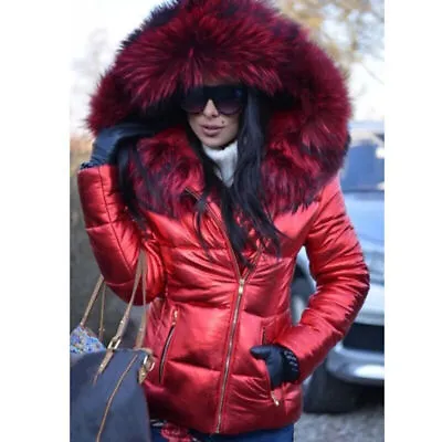Buy Womens Winter Warm Quilted Padded Parka Short Fur Collar Hooded Coat Jacket UK • 24.95£