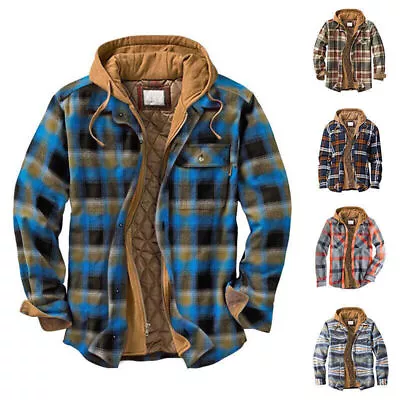 Buy Men Plaid Work Jacket Lumberjack Sherpa Warm Hoodie Hooded Flannel Shirt • 36.89£