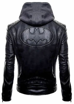 Buy New Batman Logo Motorcycle Brando Biker Real Leather Hoodie Jacket - Detach Hood • 61.88£