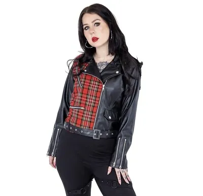 Buy Heartless Black Red Tartan Faux Leather Jacket Biker Gothic Goth Emo Punk Alt XL • 62.99£