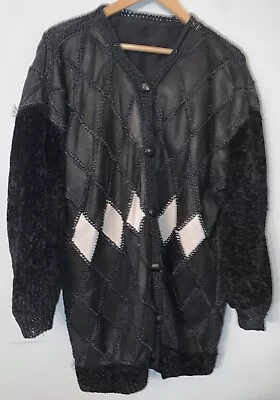 Buy Vintage 80s Black Diamond Patchwork Leather Jacket. Chunky Knit Sleeve. 14-16 • 20£