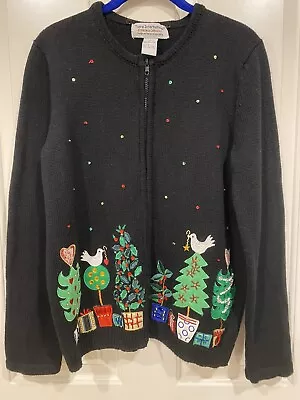 Buy Tiara International Christmas Collection Medium Black Cardigan Christmas Trees • 14.21£