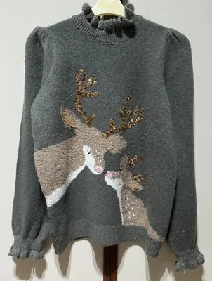 Buy NEXT Womens Xmas Jumper - Khaki - Size Small - Deer - Sequinned - LOVELY • 11.50£