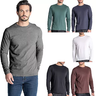 Buy Mens Long Sleeve T-Shirt Slim Fit Crew Round Neck 100% Cotton Plain New Tee Tops • 7.98£