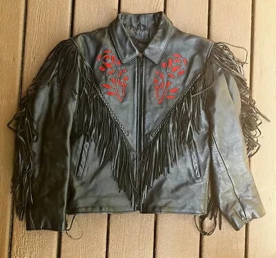 Buy Interstate Black Leather Motorcycle Jacket Red Roses Braided Fringe Women’s Med • 55.89£