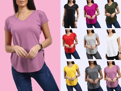 Buy Womens Ladies Plain V Neck Curved Hem Turn Up Short Sleeve Jersey T Shirt Top • 4.99£