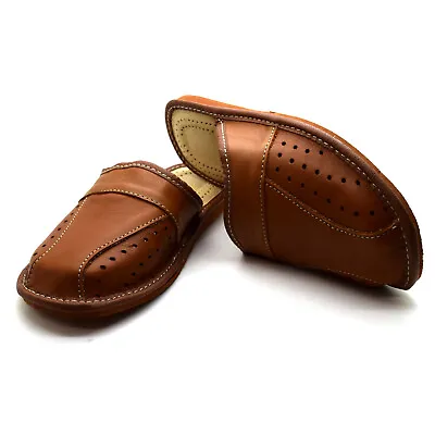 Buy Mens 100% Leather Slippers Shoes Size 6-12 Comfort Sandals Slip On Mules Brown • 9.99£