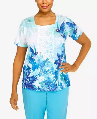 Buy Alfred Dunner XL  Cool Vibrations  Blue & White Hummingbird Print Shirt Top NWT • 27.95£