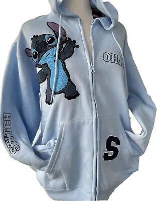 Buy Disney Stitch Hoodie XXL  Zip Licensed Ohana  Embroidered Patches Light Blue NWT • 40.54£
