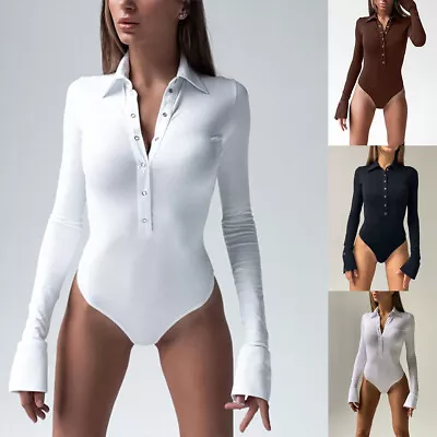 Buy Women Long Sleeve Leotard Bodysuit Top Ladies Button Stretch Body Top Tee Shirt • 13.69£