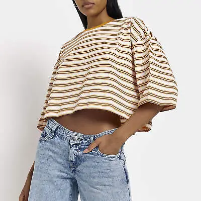 Buy River Island Womens T-Shirt Orange Oversized Stripe Crop Casual • 7£