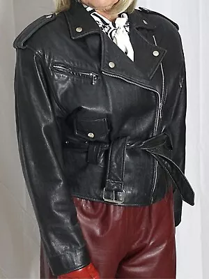 Buy Womens Leather Jacket Biker Black S-M Lambskin Moto Vintage 80s 90s Siena Rare • 241.28£