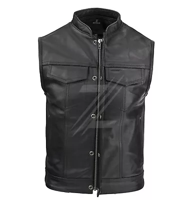 Buy Men's Genuine Leather Motorcycle Biker Vest Black Collard SOA Club Riding Vests • 144.58£