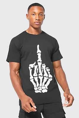 Buy Mens Skeleton Middle Finger Shirt Size M Hallowern Emo Punk Goth Funny T Shirt • 12.99£