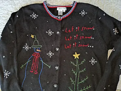 Buy Black Christmas Sweater Cardigan Let It Snow Coldwater Creek Large L • 18.85£