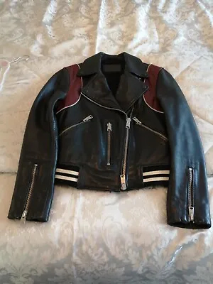 Buy All Saints Black And Burgundy Piped Leather Biker Jacket Size UK 4 US 0 • 30£