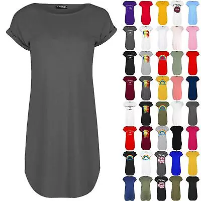Buy Womens Curved Hem Turn Up Sleeve Tunic  Ladies Baggy Longline T-Shirt Mini Dress • 8.99£