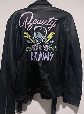 Buy Vegan Rockabilly Skull Forever 21 Black Moto Pleather Jacket Sz XL Beauty&Brains • 33.07£