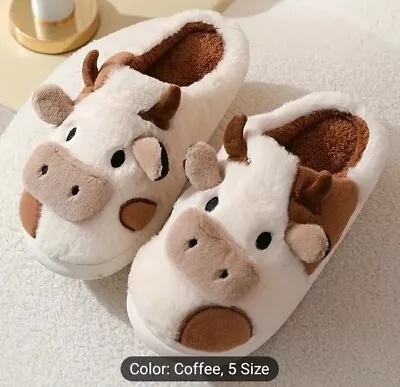 Buy Womens  Ladies Fuzzy Brown Cow Slippers Cute Cozy Anti-slip Warm UK Size 5.5-6 • 9.99£