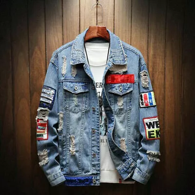 Buy Men's Jeans Jacket Retro Ripped Frayed Denim Coat Hip Hop Destroyed Outwear New • 47.99£