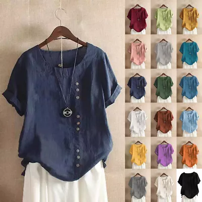 Buy Summer Womens Cotton Linen Tunic Blouse Tops Ladies Short Sleeve Shirt Plus Size • 11.50£