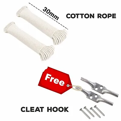 Buy 2xTraditional Strong Cotton Rope Washing Clothes Dryer Line With Cleat Hook Free • 8.99£