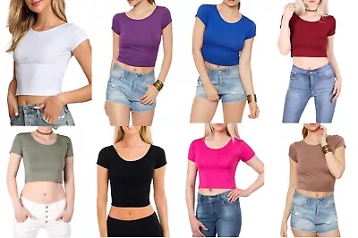 Buy New Womens Cap Sleeve Stretch Crop Top Round Neck Short Fitted T-shirt Summer UK • 5.99£