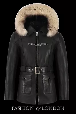 Buy 'MISTRAL' Ladies Black FUR HOODED Parka Real Leather Jacket Winter Coat 5788 • 103.78£