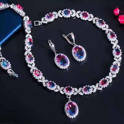 Buy Mystical Rainbow CZ Lady Party Oval Leaf Necklace Earrings Charming Jewelry Set  • 28.78£