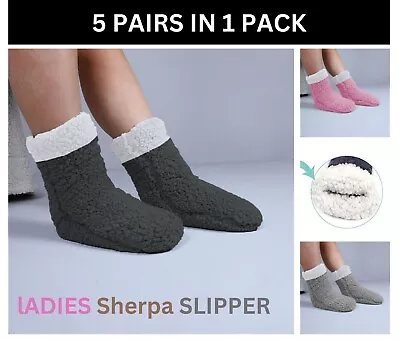 Buy 5 Pairs Sherpa Fleece Floor Socks Warm Fluffy Slipper Non Slip Random Color • 5.99£