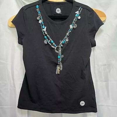 Buy Double D Ranch Embellished Beaded Necklace T-shirt Black Cotton Blend Size L • 70.87£