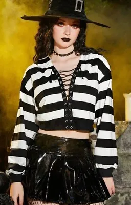 Buy CROPPED LACE UP BLACK & WHITE  STRIPE HOODIE SIZE S EMO LOLITA GOTHIC 🇬🇧 New • 14.99£