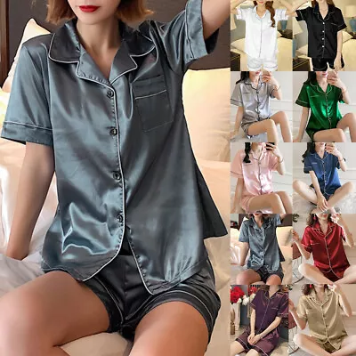 Buy Womens Satin Silk Pyjamas Nighty Short Sleeve Shirts Shorts Nightwear PJs Set • 10.29£