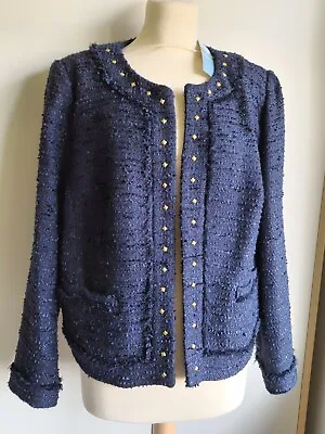 Buy New MS Tailored Blazer 18 Navy Tweed Cropped Short Boucle Jacket Fringe Occasion • 49.99£